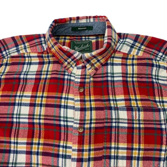 Woolrich Mens Large Trout Run Red Gold Plaid Long Sleeve Cotton Flannel Shirt - Picture 2 of 8